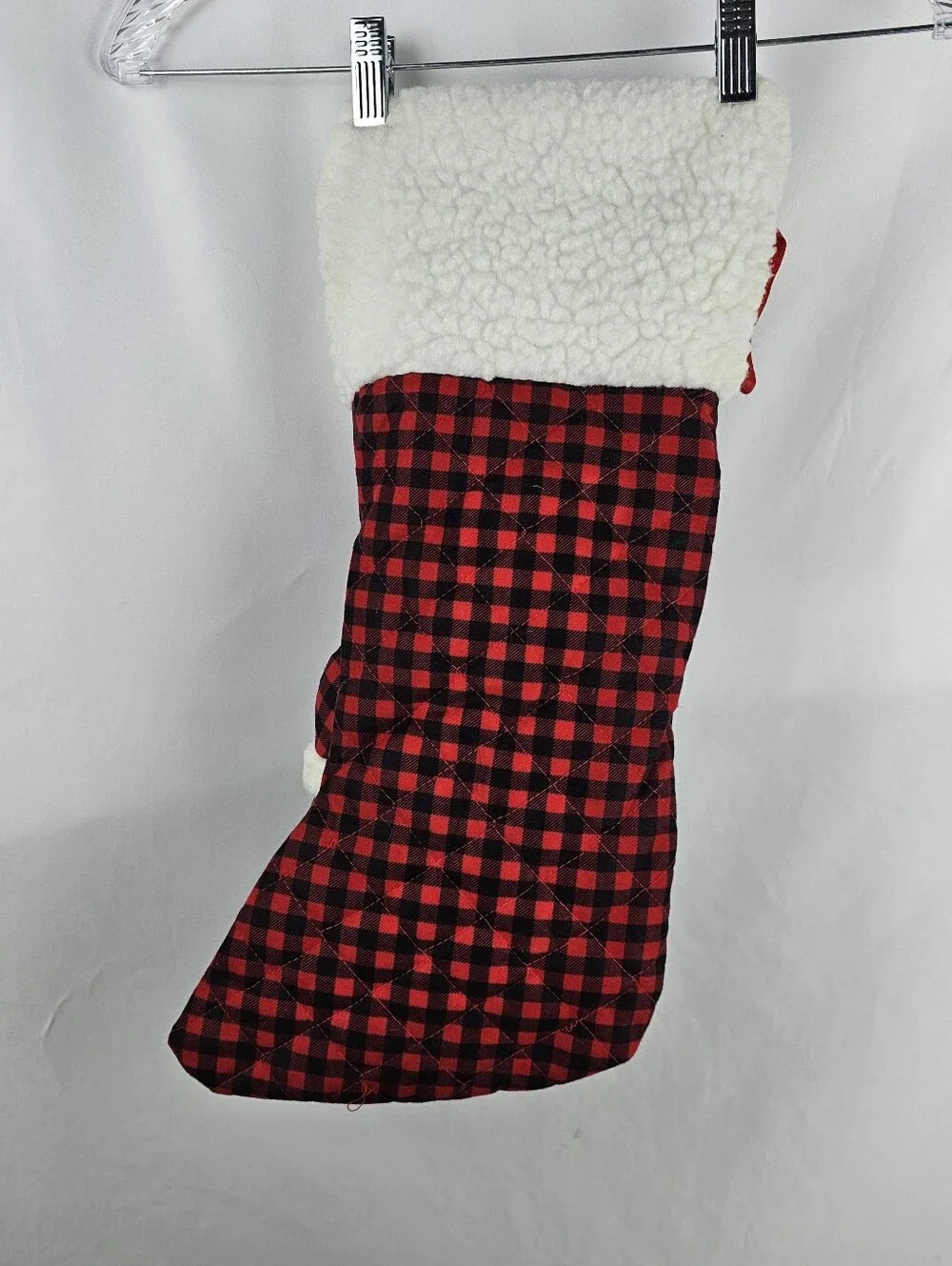 Vtg 3D Santa Christmas Stocking Buffalo Plaid Sherpa Cuff Festive Holiday